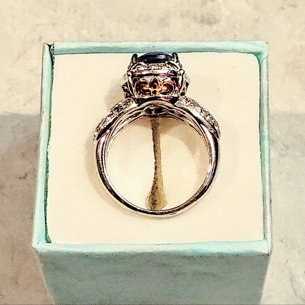 VINTAGE STERLING SILVER 2ct TANZANITE RING WITH DIAMOND CHIPS & 14K GOLD ACCENTS - Picture 12 of 16